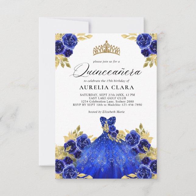 Tarjeta Pequeña PRESUPUESTO Glam Blue Dress Floral 15ª Quinceañera (Anverso)