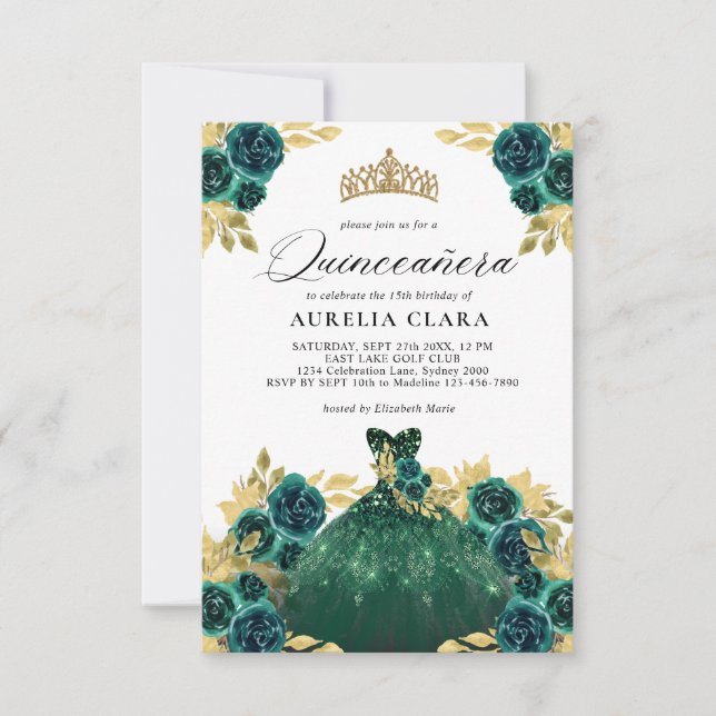 Tarjeta Pequeña PRESUPUESTO Glam Green Vress Floral 15ª Quinceañer (Anverso)