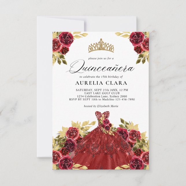 Tarjeta Pequeña PRESUPUESTO Glam Rojo Vestido Floral 15 Quinceañer (Anverso)