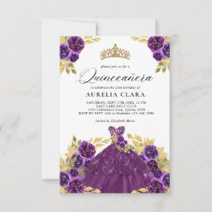 Tarjeta Pequeña PRESUPUESTO Glam Vestido púrpura Floral 15ª Quince