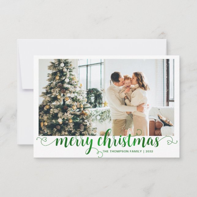 Tarjeta Pequeña PRESUPUESTO Green Merry Christmas Heart Script Fot (Anverso)