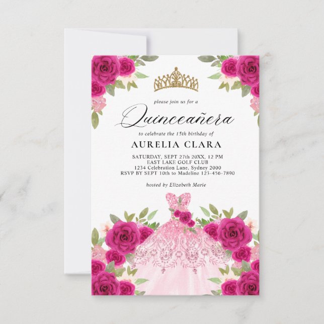 Tarjeta Pequeña PRESUPUESTO Magenta Vestido Rosa Floral 15ª Quince (Anverso)
