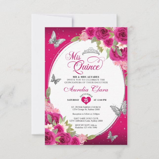 Tarjeta Pequeña PRESUPUESTO Mariposa Plata Rosa Floral Quinceañera (Anverso)