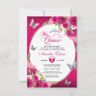 Tarjeta Pequeña PRESUPUESTO Mariposa Plata Rosa Floral Quinceañera