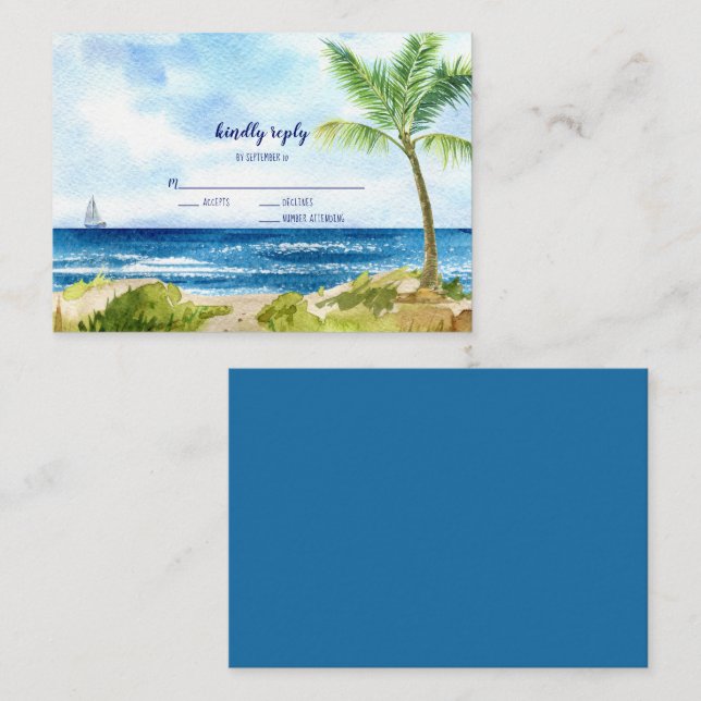 Tarjeta Pequeña PRESUPUESTO Moderno Watercolor Beach Wedding RSVP (Anverso / Reverso)