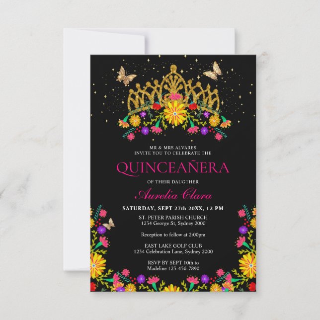 Tarjeta Pequeña Presupuesto Negro Fiesta Floral Oro Tiara Quincean (Anverso)