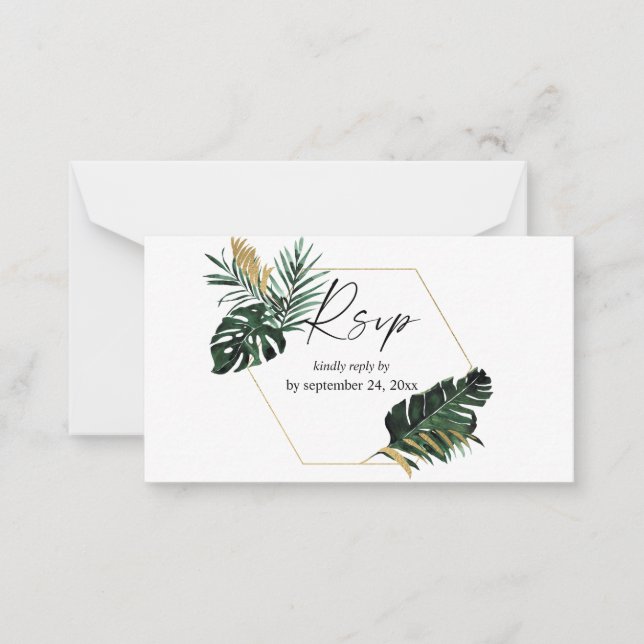 Tarjeta Pequeña Presupuesto Palm Leaf Gold Tropical 2SM Meal RSVP (Anverso)