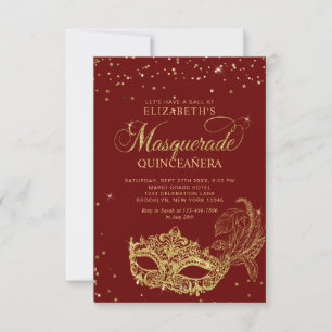 Tarjeta Pequeña Presupuesto Rojo Masquerade Quinceañera Foto Dorad