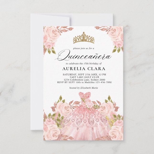 Tarjeta Pequeña PRESUPUESTO Rosegold Vestido Rosa Floral 15ª Quinc (Anverso)