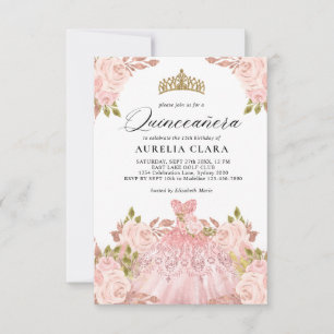 Tarjeta Pequeña PRESUPUESTO Rosegold Vestido Rosa Floral 15ª Quinc