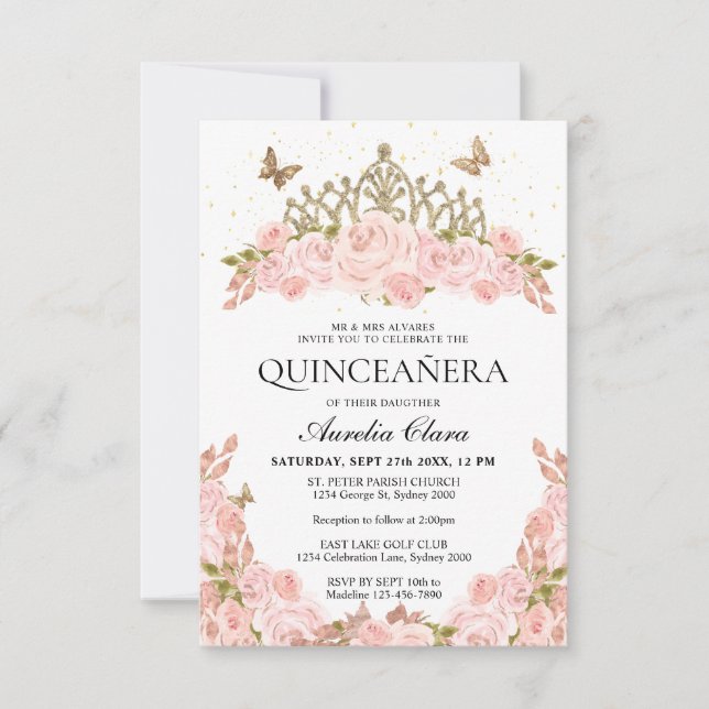 Tarjeta Pequeña PRESUPUESTO Rubor Pink Floral Gold Tiara Quinceane (Anverso)