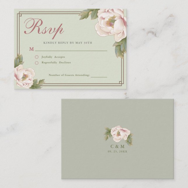 Tarjeta Pequeña PRESUPUESTO Sage y Rubor Peony Floral Wedding RSVP (Anverso / Reverso)