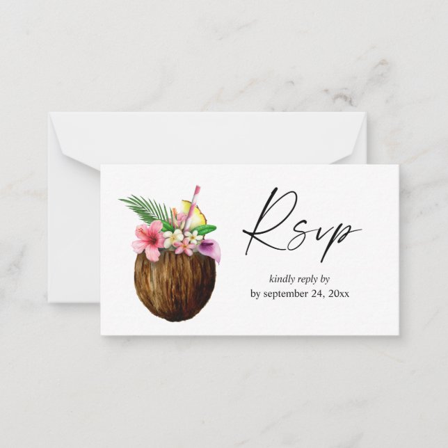 Tarjeta Pequeña Presupuesto Tropical Hawai Coconut 2SM Comida RSVP (Anverso)