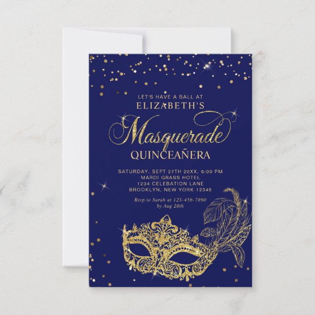 Tarjeta Pequeña Presupuestos Elegantes Mascarada de Oro Azul Quinc (Anverso)