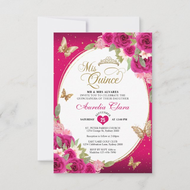 Tarjeta Pequeña Presupuestos Floral Rosa Mariposa Dorada Mis Quinc (Anverso)