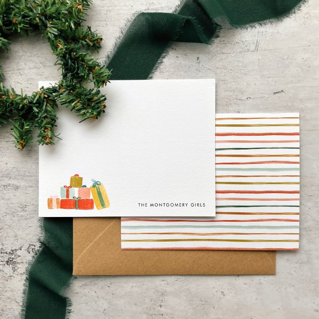 Tarjeta Pequeña Presupuestos Regalos de Navidad Modernidad Acuarel (Watercolor Christmas presents note cards with colorful stripes on the back. Great budget gift idea!)