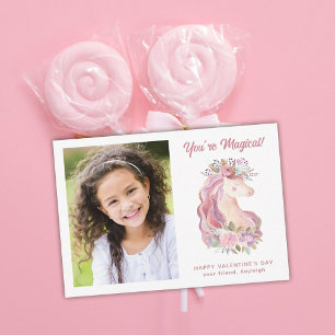 Tarjeta Pequeña Pretty Floral Unicorn Photo Classroom Valentine