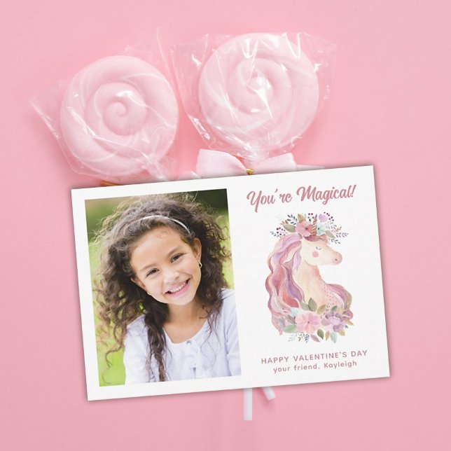 Tarjeta Pequeña Pretty Floral Unicorn Photo Classroom Valentine (Subido por el creador)