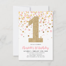 Tarjeta Pequeña Primer cumpleaños del Chica de Confetti de oro ros