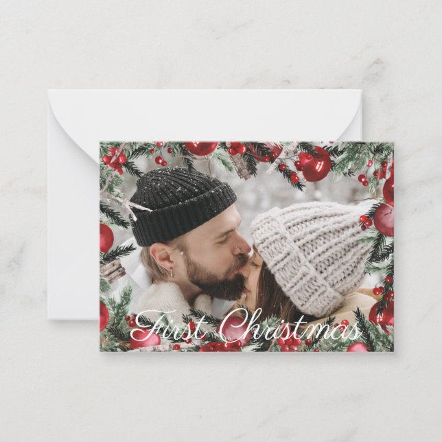 Tarjeta Pequeña primera navidad de navidad adorno de vegetación fo (Anverso)