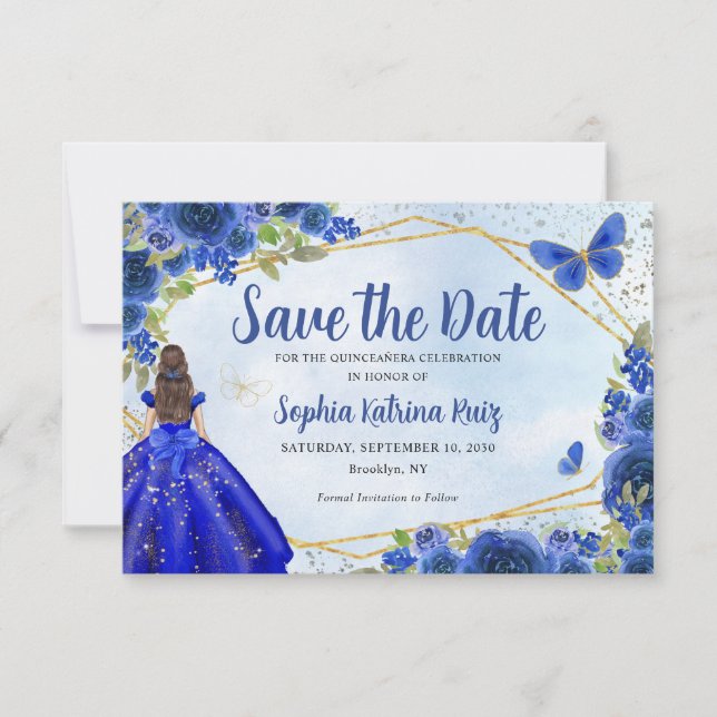 Tarjeta Pequeña Princesa Azul de presupuesto Quinceañera Guardar f (Anverso)