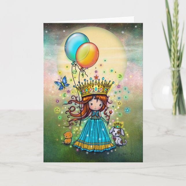 Tarjeta Pequeña Princesa con globos de arte caprichoso (Anverso)