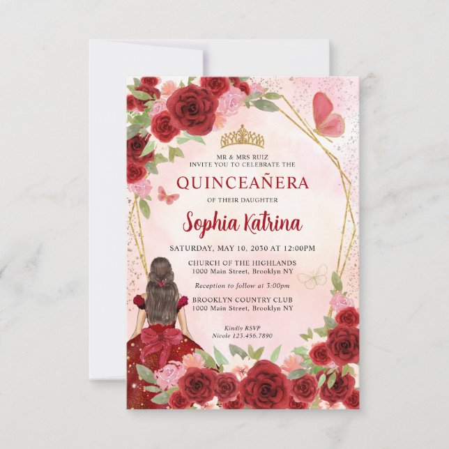 Tarjeta Pequeña Princesa floral de oro de Borgoña Quinceañera (Anverso)