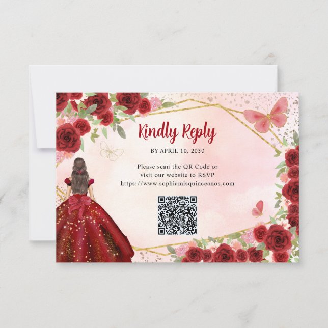 Tarjeta Pequeña Princesa floral de oro rojo borgoña QR RSVP (Anverso)