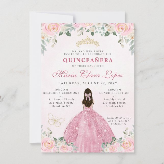 Tarjeta Pequeña Princesa Floral de oro rosado Quinceañera (Anverso)