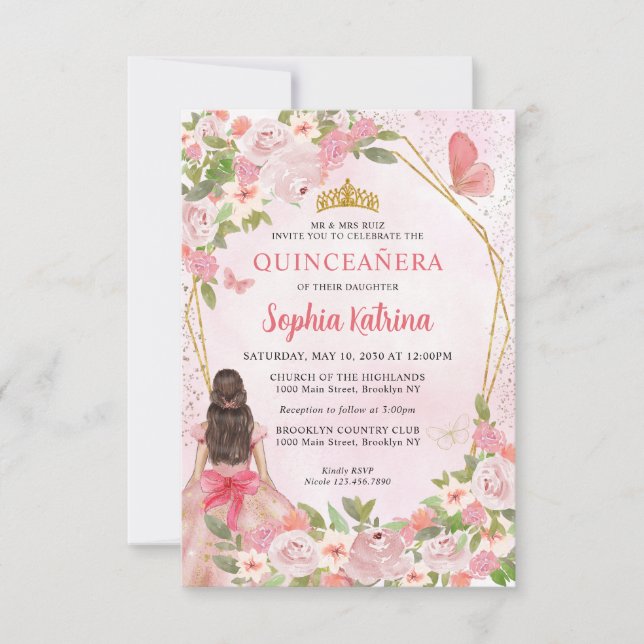 Tarjeta Pequeña Princesa Floral de oro rosado Quinceañera (Anverso)