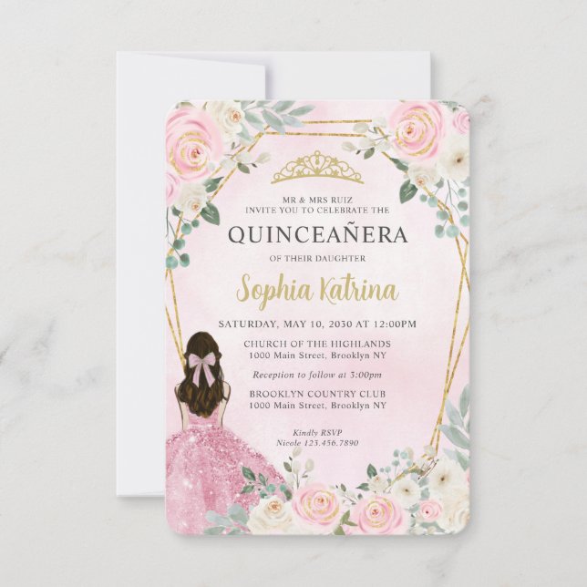 Tarjeta Pequeña Princesa Floral de oro rosado Quinceañera (Anverso)