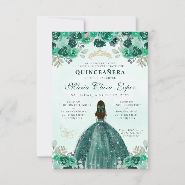 Tarjeta Pequeña Princesa Floral Verde Esmeralda Quinceañera (Anverso)