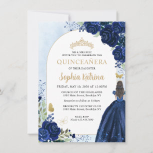 Tarjeta Pequeña Princesa Quinceanera de oro azul de la Marina Flor