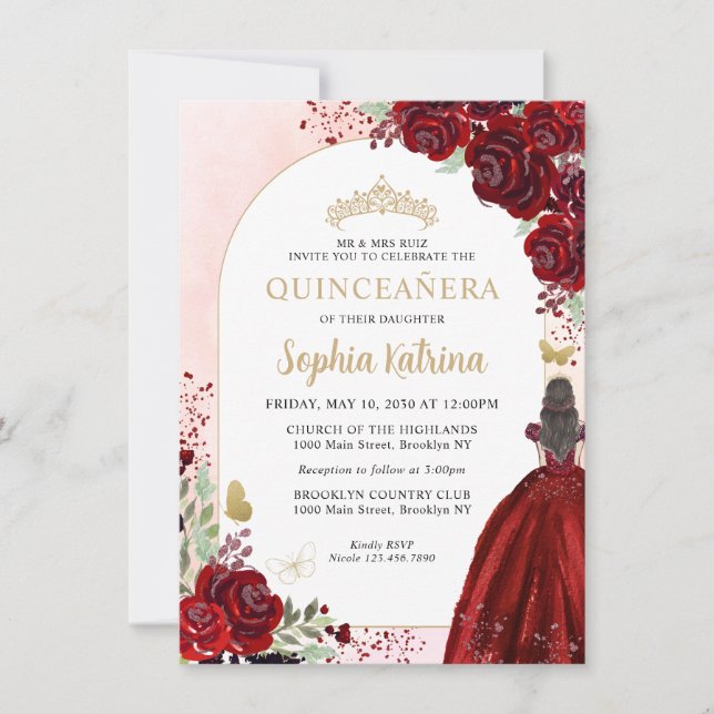 Tarjeta Pequeña Princesa Quinceanera de oro floral borgoña (Anverso)
