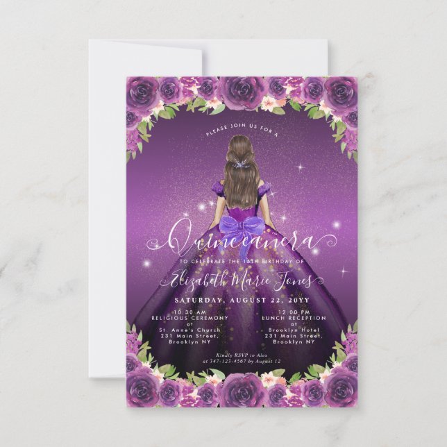Tarjeta Pequeña Princesa Quinceanera de oro morado floral (Anverso)
