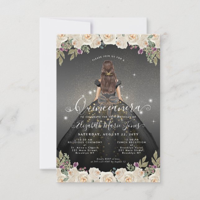 Tarjeta Pequeña Princesa Quinceanera de oro negro floral (Anverso)