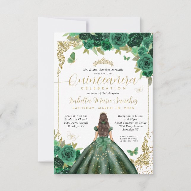 Tarjeta Pequeña Princesa Quinceañera de oro verde esmeralda (Anverso)