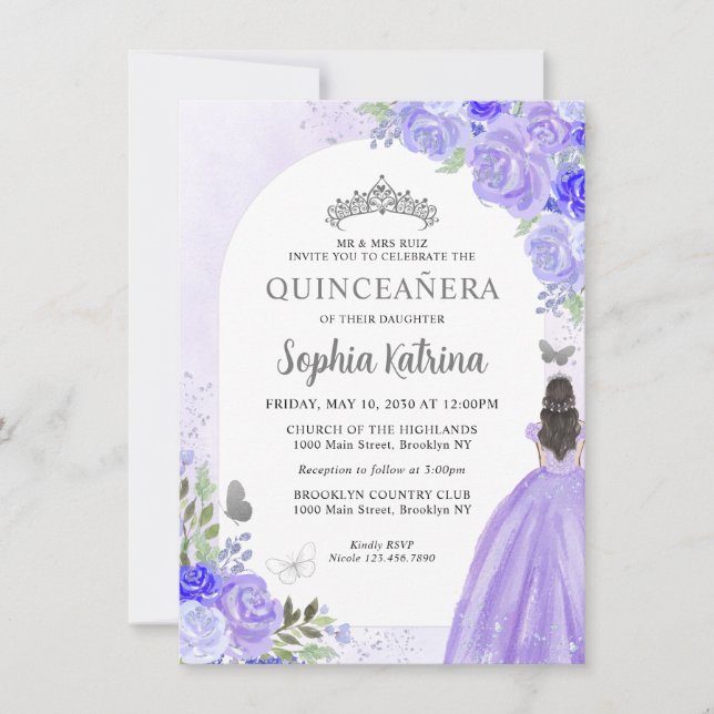 Tarjeta Pequeña Princesa Quinceanera floral morada (Anverso)