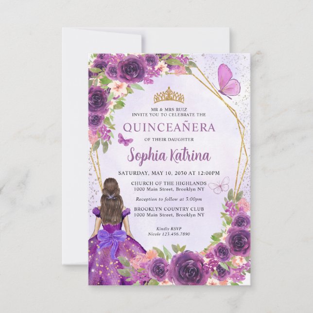 Tarjeta Pequeña Príncipes florales de oro púrpura Quinceañera (Anverso)