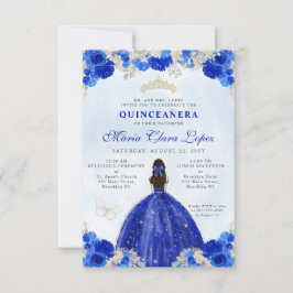 Tarjeta Pequeña Príncipes florales Royal Blue Gold Quinceañera