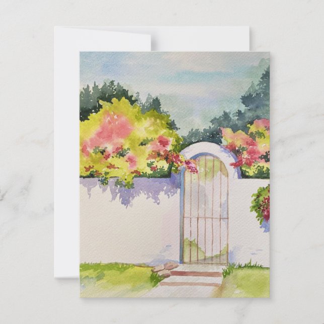 Tarjeta Pequeña Puerta del Jardín con Arcos de Acuarela (Anverso)