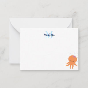 Tarjeta Pequeña Pulpo de dibujos animados monograma personalizado