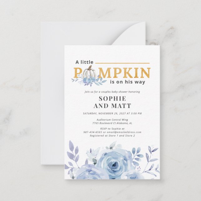 Tarjeta Pequeña Pumpkin Blue Lilac Botanic Boys Baby Shower (Anverso)