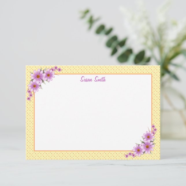 Tarjeta Pequeña Punto de polka amarillo y plano floral (Anverso de pie)