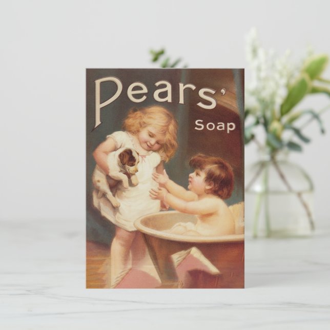 Tarjeta Pequeña Puppy Taking A Bath Vintage Antique (Anverso de pie)