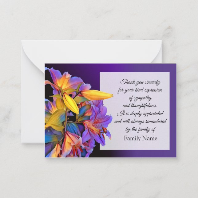 Tarjeta Pequeña Purple Blomsterkort Después Del Funeral Gracias Ca (Anverso)