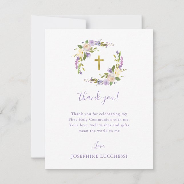 Tarjeta Pequeña Purple Floral First Holy Communia Personalizado (Anverso)