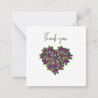 Tarjeta Pequeña Purple Floral Heart Thank You Flat Notecard