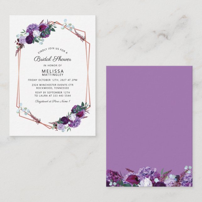 Tarjeta Pequeña Purple Floral Rosa Gold Frame Bridal Shower Presup (Anverso / Reverso)