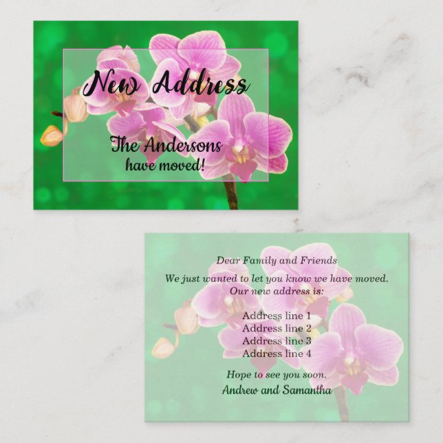 Tarjeta Pequeña Purple Orchids on Green New Address Announcement (Anverso / Reverso)